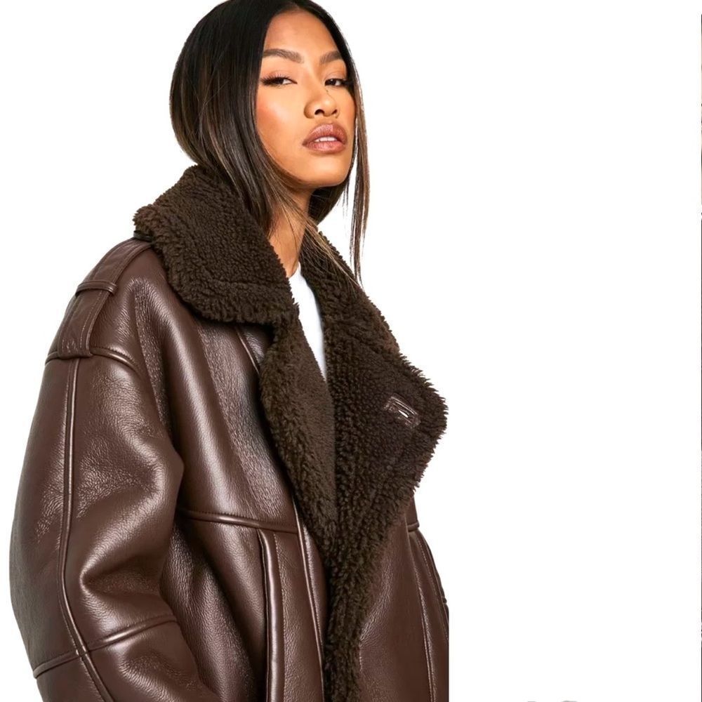Boohoo Oversized Faux Leather Bomber Jacket in Chocolate - Picture 5 of 5